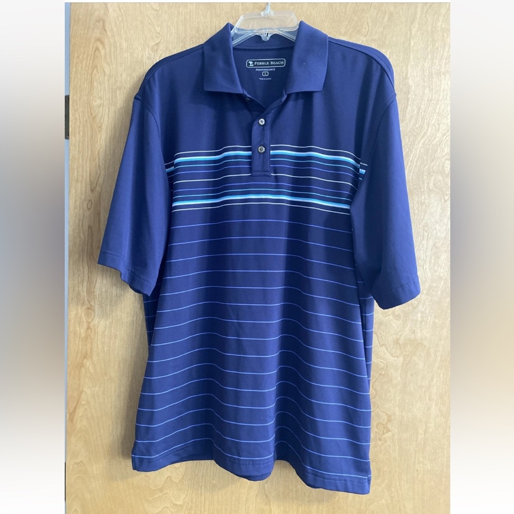 Pebble Beach  Performance Golf Polo Shirt Size Large Navy Striped Athletic